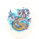 dragon tatoo with a focus on the scales and waves and flowers around the dragon. back and short sleeve tattoo tattoo design idea