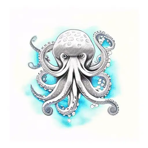 orange octopus in a sea of Japanese blue green waves and the octopus is holding a potato masher, a karate bel tattoo design idea