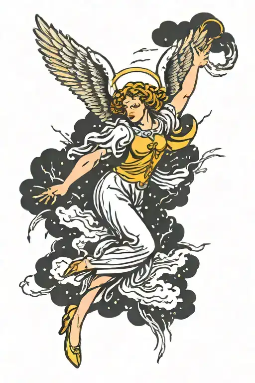an angel flying through thunderstorm tattoo design idea