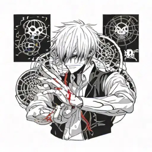 Kaneki Ken looks into the sky and says "812" he is drawn waist-deep, one of his arms is raised and he cracks his index finger tattoo design idea