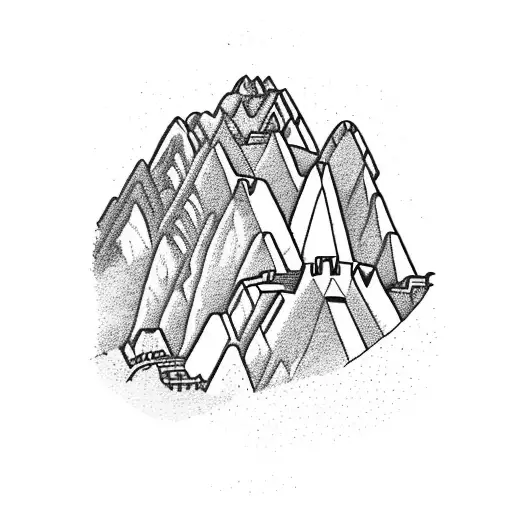 A detailed blackwork tattoo of Machu Picchu with a heart-shaped road leading to it tattoo design idea