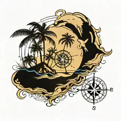 island with palm trees, wind rose. the island will be located on a turtle On the inside there will be land and a compass tattoo design idea