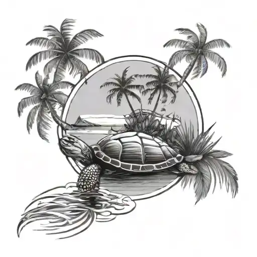 wind rose under the island with palm trees standing on a turtle tattoo design idea