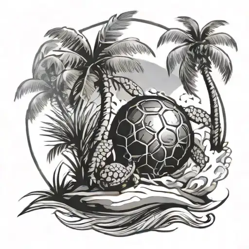 island with palm trees on the wind rose. everything is located on a turtle tattoo design idea