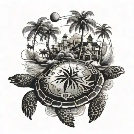 an island with palm trees and the Wind Rose stand on a turtle tattoo design idea
