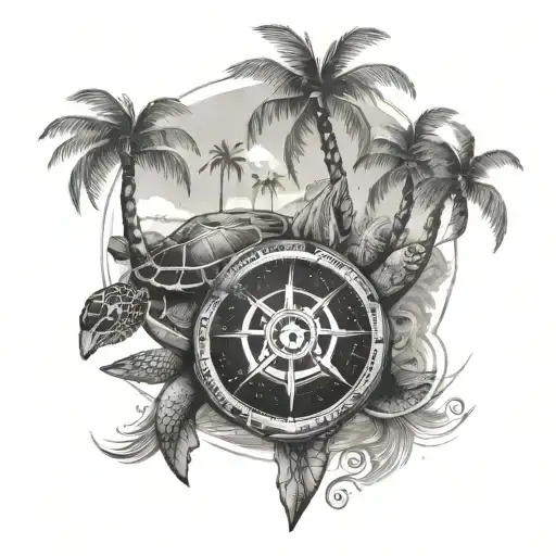 The island with palm trees and the Wind Rose are located on the turtle tattoo design idea