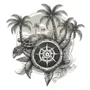 The island with palm trees and the Wind Rose are located on the turtle tattoo design idea