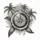 The island with palm trees and the Wind Rose are located on the turtle tattoo design idea