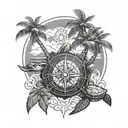 The island with palm trees and the Wind Rose are located on the turtle tattoo design idea