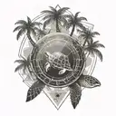 The island with palm trees and the Wind Rose are located on the turtle tattoo design idea
