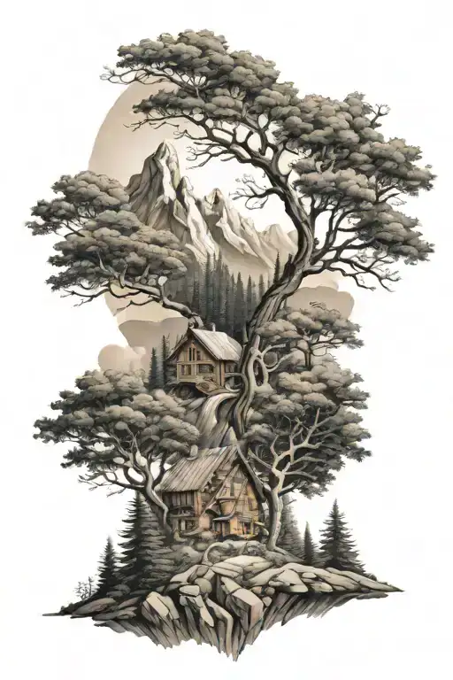 A realistic depiction of a family embracing each other in a mountainous landscape, with a subtle heart hidden among the trees, symbolizing the strength of their bond tattoo design idea