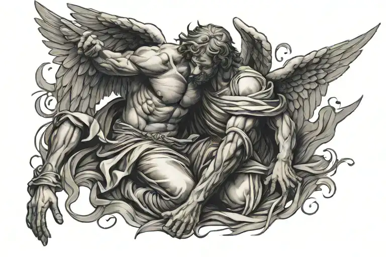 man beaten down with an angel surrounding him to protect him  tattoo design idea