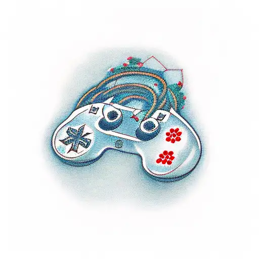 A traditional-style tattoo of a PlayStation controller intertwined with cherry blossoms, symbolizing the client's love for gaming and Japan. tattoo design idea