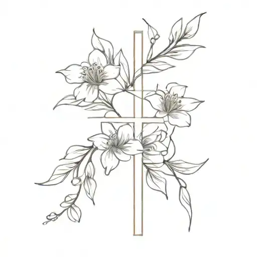 cross with birth flowers wrapped tattoo design idea