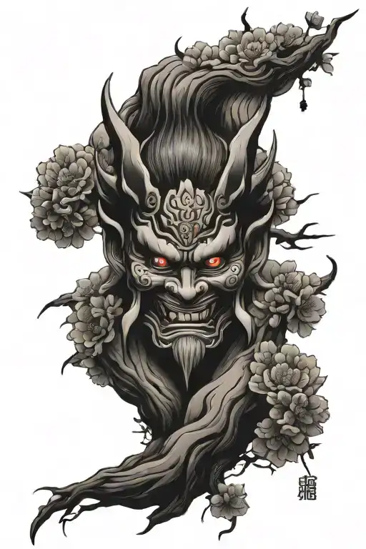 oni mask surrounded by cherry blossom tree and japanese temples on a mountain  tattoo design idea