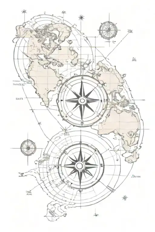 A vintage world map with compass surrounded tattoo design idea