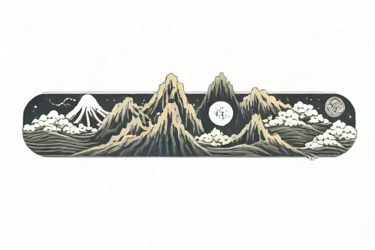 mountain range with waterfall and moon surrounded tattoo design idea