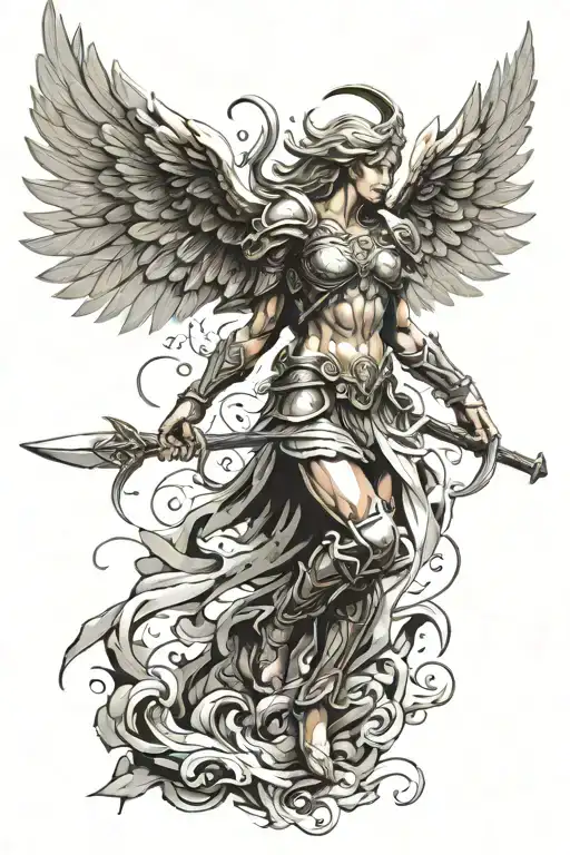 Warrior Angel fighting tattoo design idea