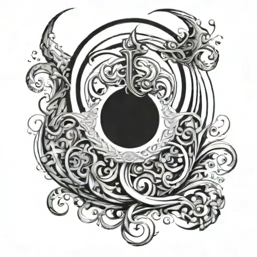 A trident entwined with smoke and waves, crowned by a crescent moon, and grounded by a Capricorn symbol, upper back tattoo design idea