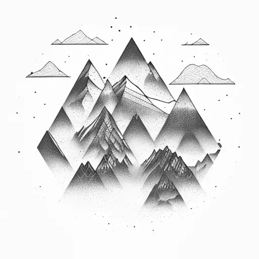 A psychedelic mountain range merging with a digital skyline tattoo design idea