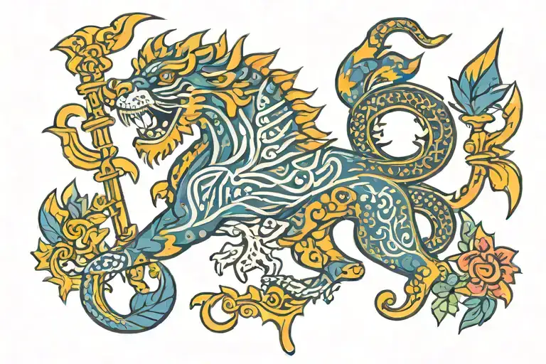 chimera, Ukraine, ornament, flag, trident with embroidery tattoo design idea