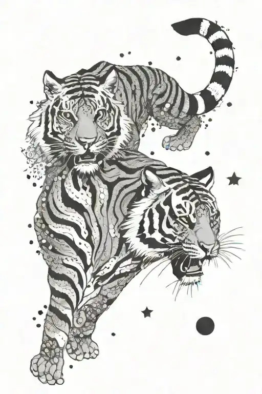 Tiger, joy, sea, moon and starry sky tattoo design idea