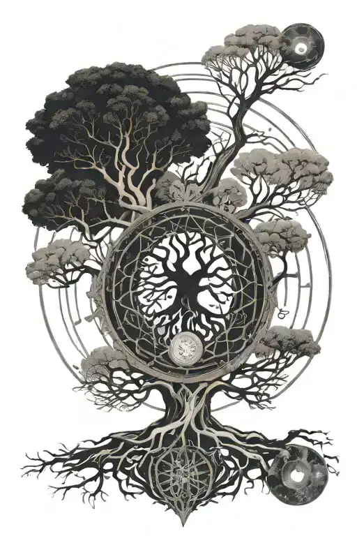 tree of life with roots reaching deep, lunar phases , the number 777 in gothic font  tattoo design idea