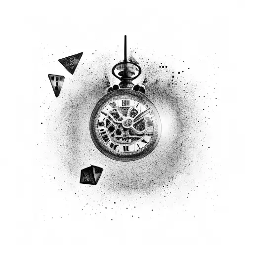 A surrealistic scene of a dripping clock with Roman numerals melting over two dice both landed on the number 6 tattoo design idea