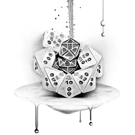An abstract representation of a dripping clock with Roman numerals merging with two dice both showing the number 6 tattoo design idea