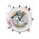 A surrealistic scene of a dripping clock with Roman numerals melting over two dice both landed on the number 6 tattoo design idea