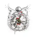 A surrealistic scene of a dripping clock with Roman numerals melting over two dice both landed on the number 6 tattoo design idea