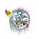 A surrealistic scene of a dripping clock with Roman numerals melting over two dice both landed on the number 6 tattoo design idea