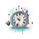 A surrealistic scene of a dripping clock with Roman numerals melting over two dice both landed on the number 6 tattoo design idea