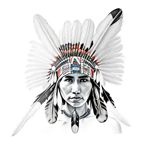 native American Indian girl with feather headpiece tattoo design idea