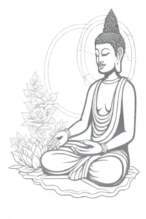 Buddha meditates. Behind him, stands the alien holding tattoo design idea
