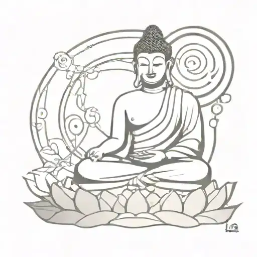 Lord Buddha meditates. Behind him, an enigmatic alien figure with long limbs and large, bright eyes, tattoo design idea