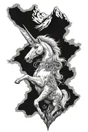scottish mountain range aggressive real life unicorn tattoo design idea
