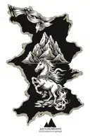 scottish mountain range aggressive real life unicorn tattoo design idea