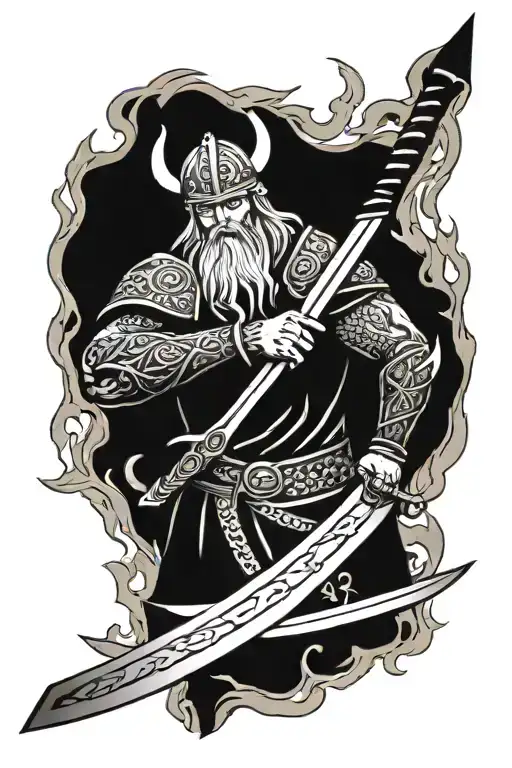 Viking holding sword looking down surrounded in flames tattoo design idea