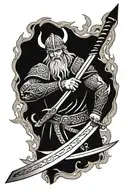 Viking holding sword looking down surrounded in flames tattoo design idea
