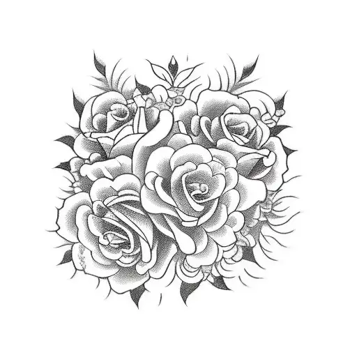 A vibrant bouquet of roses and feminine flowers in a lush garden tattoo design idea
