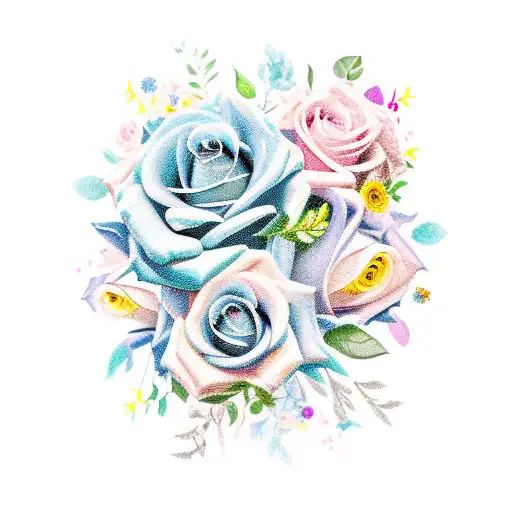 A vibrant bouquet of roses and feminine flowers in a lush garden tattoo design idea
