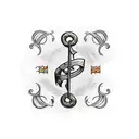 Medieval music notes intertwined with a baker's rolling pin tattoo design idea