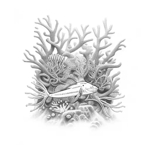 A joint made of coral reef surrounded by underwater creatures and a monkey exploring it tattoo design idea