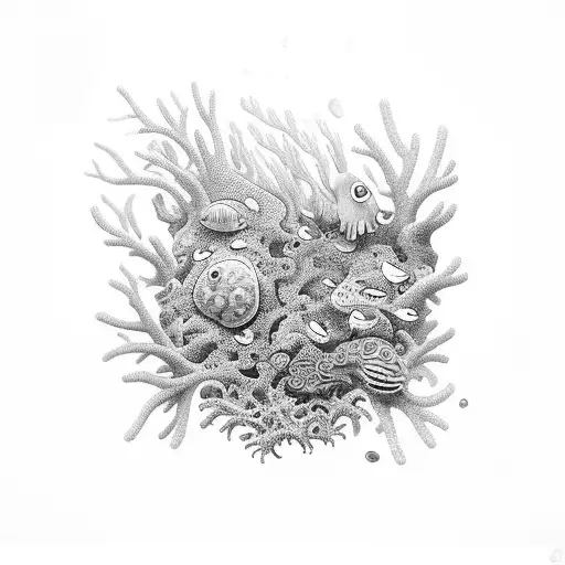 A joint made of coral reef surrounded by underwater creatures and a monkey exploring it tattoo design idea