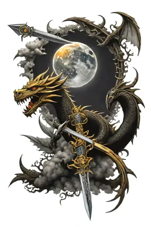 sun moon clouds sword and dragon wrapped tattoo design idea