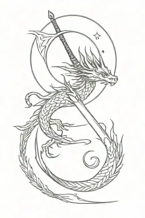 sun moon clouds sword and dragon wrapped tattoo design idea