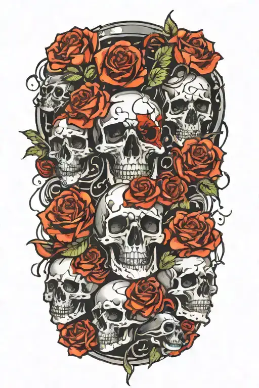 roses and skulls melting into space tattoo design idea
