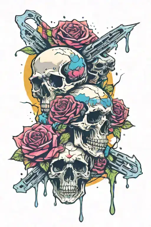 roses and skulls melting into space tattoo design idea