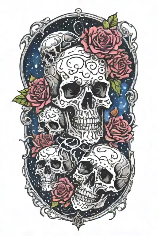 roses and skulls melting into space tattoo design idea
